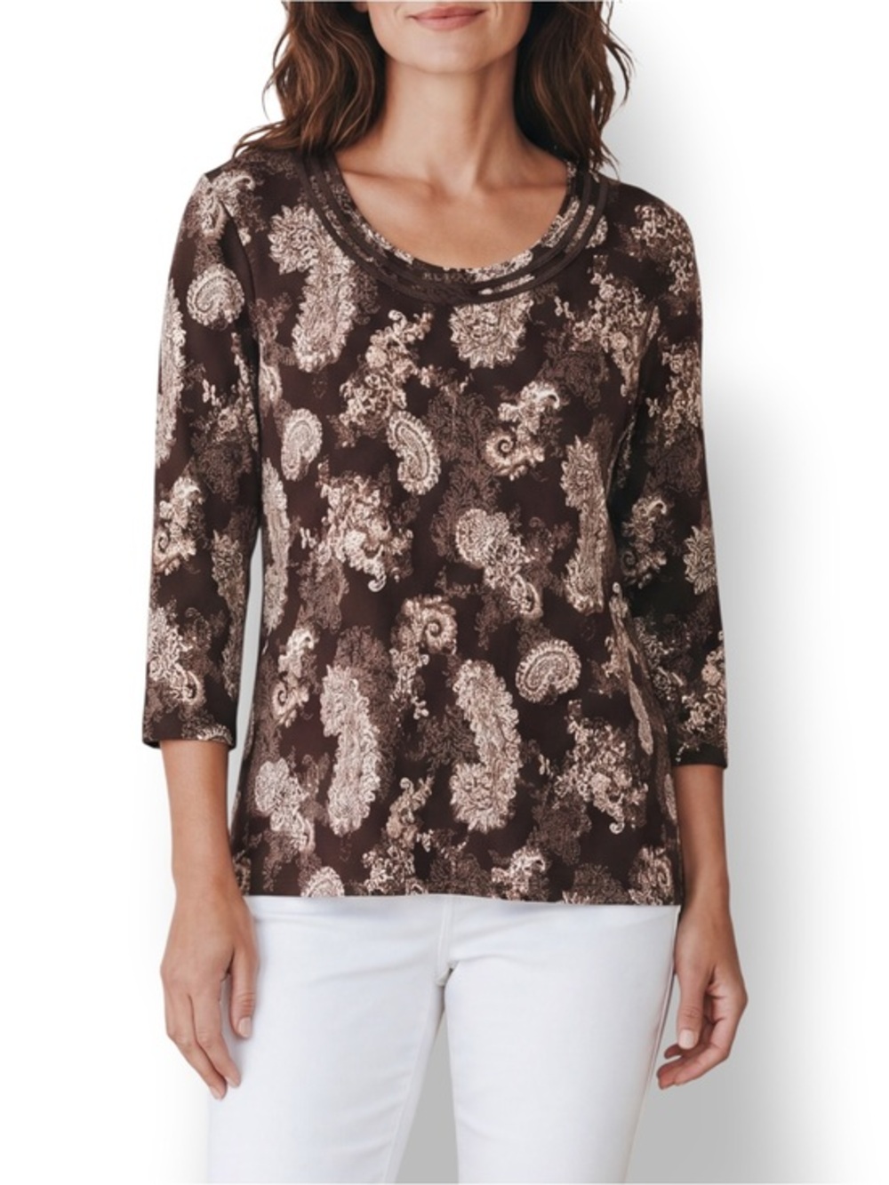 4/$20 Croft & Barrow Brown Paisley Print 3/4 Sleeve Embellished Knit Top Large